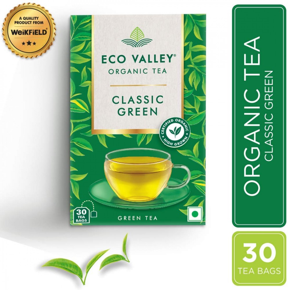 Eco Valley Organic Green Tea, Pure, 25 Tea Bags (Free 5 Tea Bags Inside)